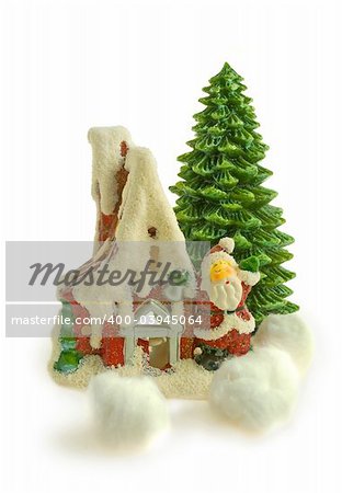 Christmas toy house with Santa and Fir tree, isolated white