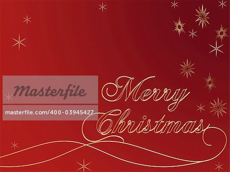 3d golden text with words Merry Christmas and golden snowflakes over red background