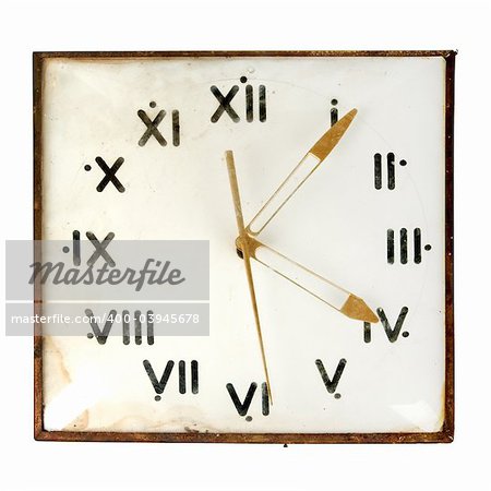 Dusty retro wall clock isolated on white background