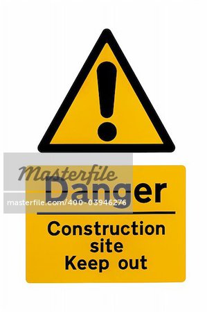 Construction site warning signs in yellow and black, over white.
