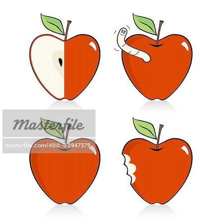 Four heart-shaped apple icons with reflection