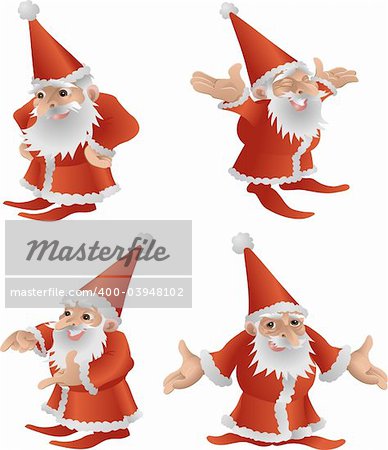 An illustration of a very cool cute Father Christmas in four different poses