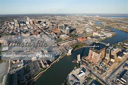 Aerial view of Baltimore, Maryland with river and drawbridges.