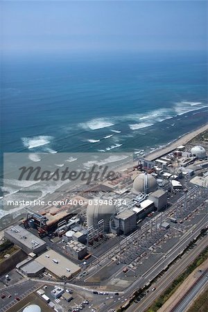 Aerial of nuclear power plant on California coast, USA.