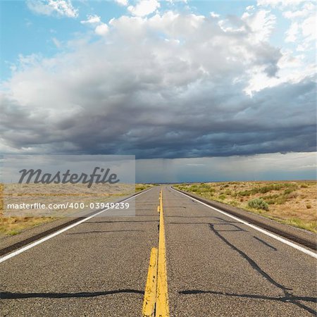 Empty two lane highway leading to desert horizon.