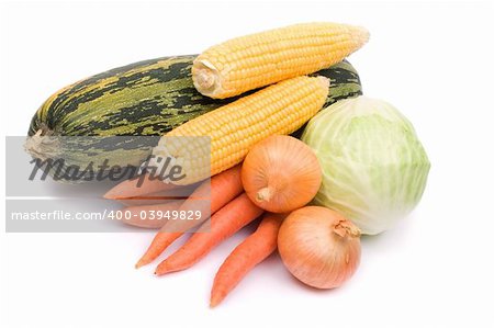 Vegetables - onion, corn, carrot, cabbage, marrow on white background