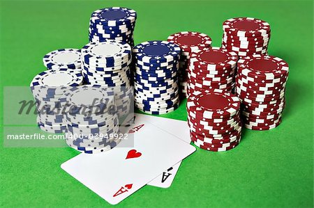 Pocket Aces and poker chips on a game table