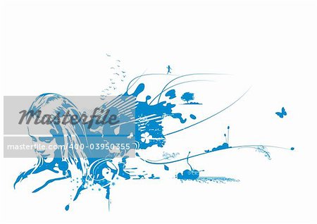 Young woman's face on abstract grunge background with floral elements. Vector illustration.