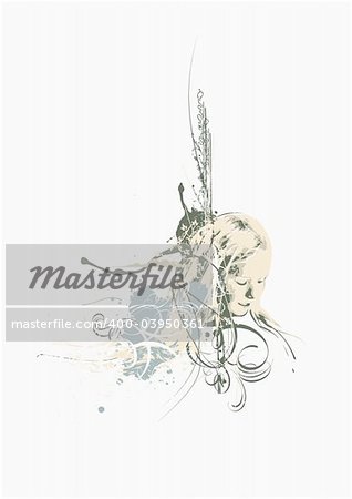 Young woman's face on abstract grunge background with floral elements. Vector illustration.