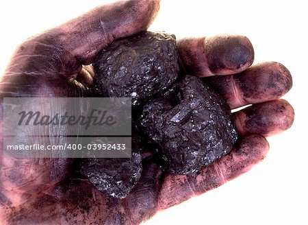 Pieces of coal in dirty palm isolated on white background