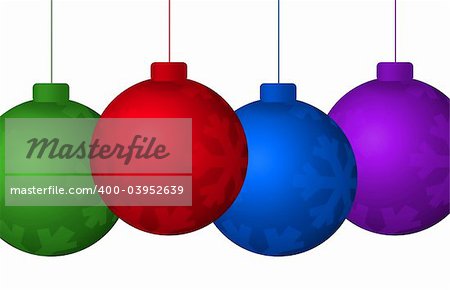 Graphic illustration of colorful hanging christmas tree ornaments isolated against a white background.