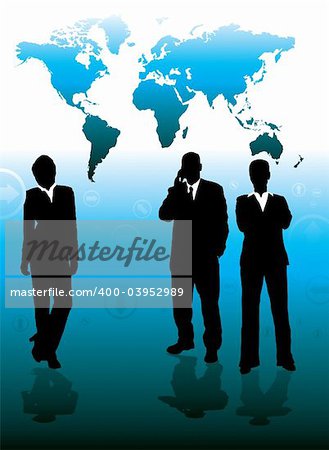 three business people set against a world background in blue and black