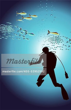 A diver swimming among some fish (vector).