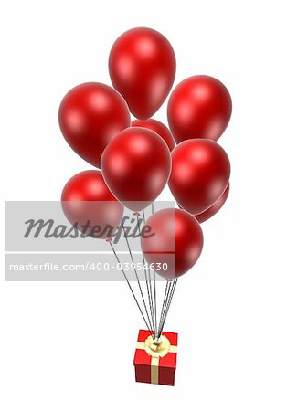 3d rendered illustration of flying red balloons with present