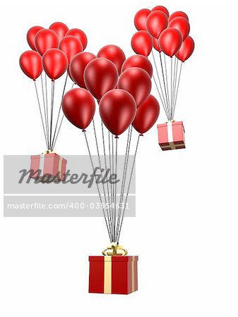 3d rendered illustration of flying red balloons with presents