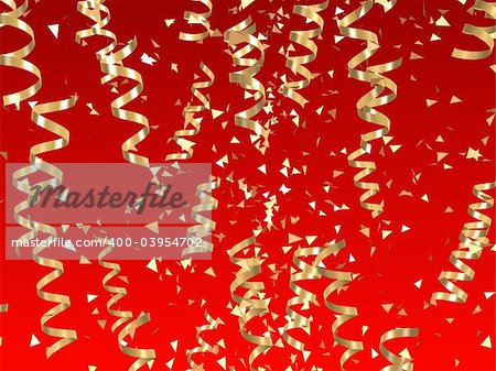 3d rendered illustration of many golden ribbons on a red background