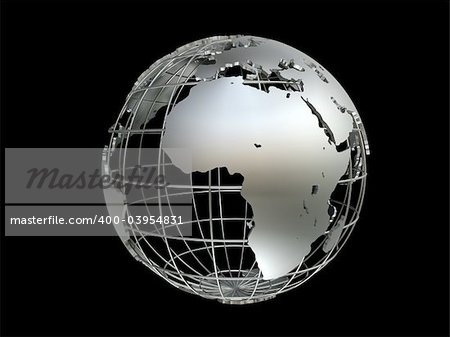 3d rendered illustration of a silver globe model on a black background