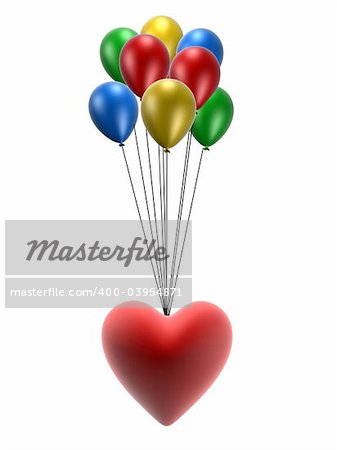 3d rendered illustration of a red heart on colorful balloons
