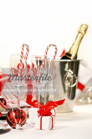 Champagne with peppermint sticks for Christmas