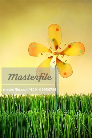 Multi-coloured windmill toy standing in the grass