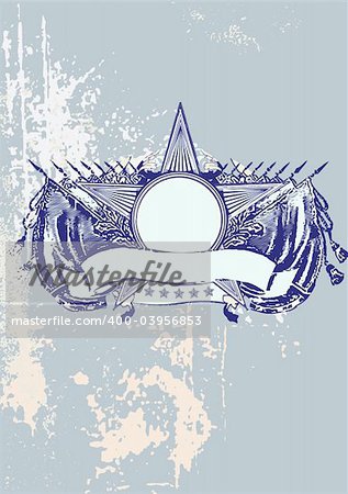 Insignia -  star shaped  with banner  .  Blank so you can add your own images. Vector illustration. Grunge background  .