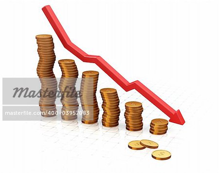 3D render of a chart showing falling profits with fading out grid on the floor