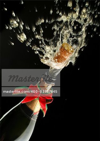 Champagne splash. Bottle and cork, with christmas decoration