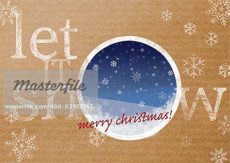 let it snow and merry christmas wording greeting card / wallpaper / background - retro style, faded and stressed artwork on parcel paper. traditional retro feel yet fresh modern style.