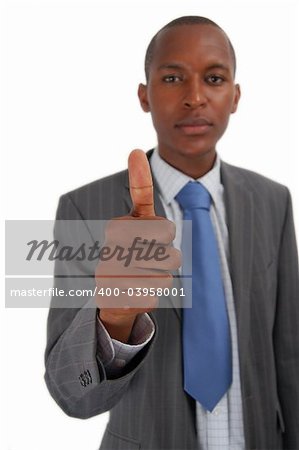 This is an image of business, happily giving the thumbs up. The thumb is in focus.