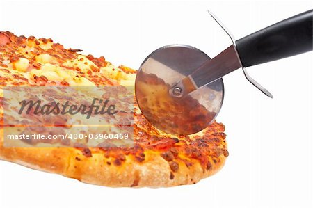 Tasty Italian pizza and cutter, isolated on white background. Shallow DOF