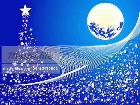 sparkling stars flying santa and reindeers, abstract vector illustration christmas background