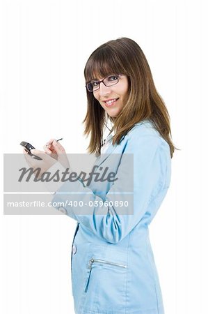 Beautiful businesswoman holding a PDA over a white background