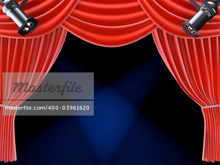 3d rendered illustration of a red theatre curtain with two spotlights