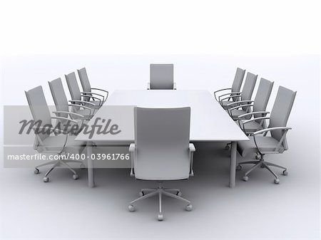 3d rendered black/white illustration of a conference table with chairs