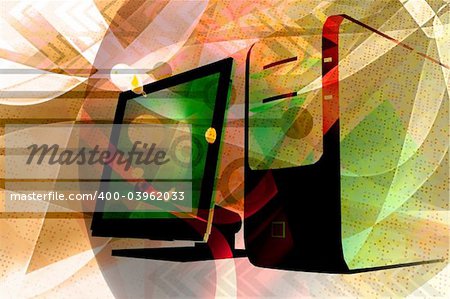 desktop computer with abstract technology elements