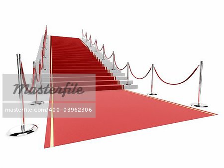 3d rendered illustration of a stair with a red carpet and metal barriers