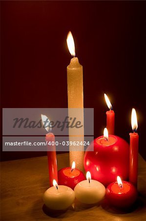 Christmas decoration - burning candles. Copy space on right top