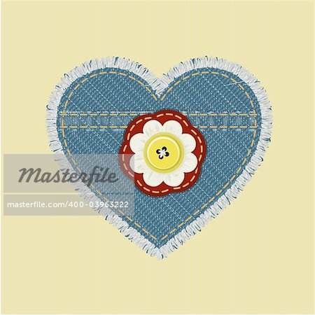 Heart shaped jeans emblem with flower and button. Vector illustration