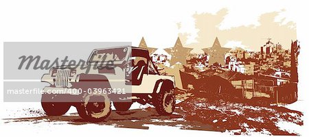 illustration vectorielle de stilyzed véhicule militaire vintage sur le grunge background urbain