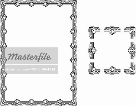 A Vector illustration of a Art Deco Style border frame; comes with seamlessly tillable component parts so you can make a frame to any size or aspect ratio.