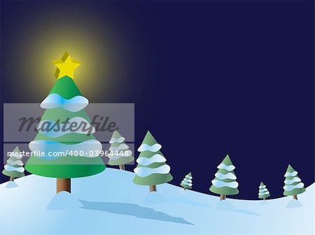 Vector - Christmas tree forest with snow and brightly lit star.