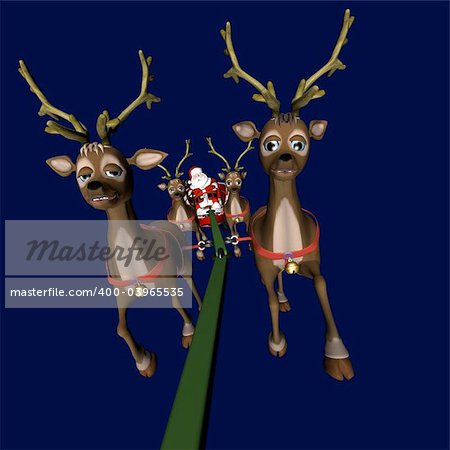 Santa and his sleigh being pulled through the sky by his team of reindeer. Isolated on a blue background