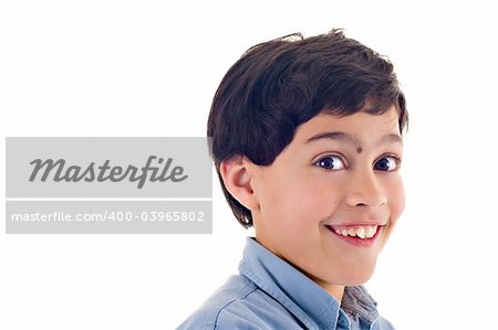Close up of a boy with a cute expression, over white background.
