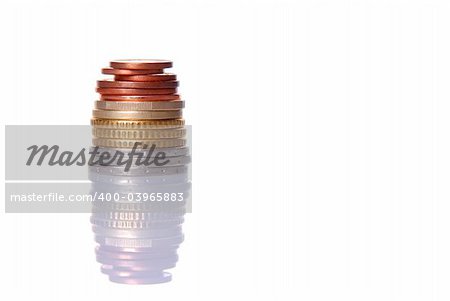 Stack of euro coins isolated over white background, with reflection