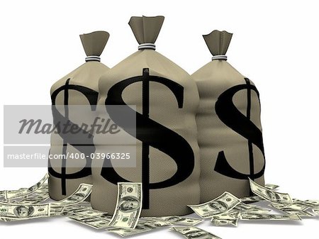 3d rendered illustration of three money sacks and dollar notes