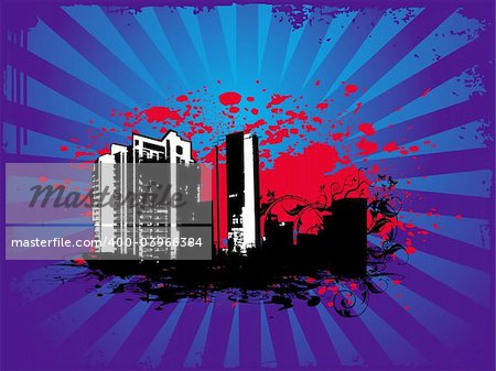 grunge urban city theme in blue, vector wallpaper