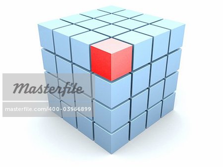 3d rendered illustration of many little blue cubes and one red cube