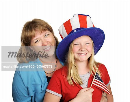 A mother and daughter celebrating the fourth of july.  Isolated on white.