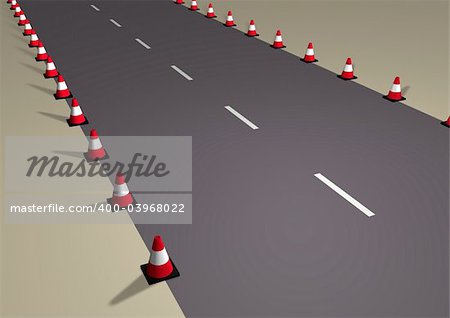 Illustrated road with lines of traffic cones