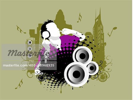 Grunge vector illustration of disc jockey on city background in grey